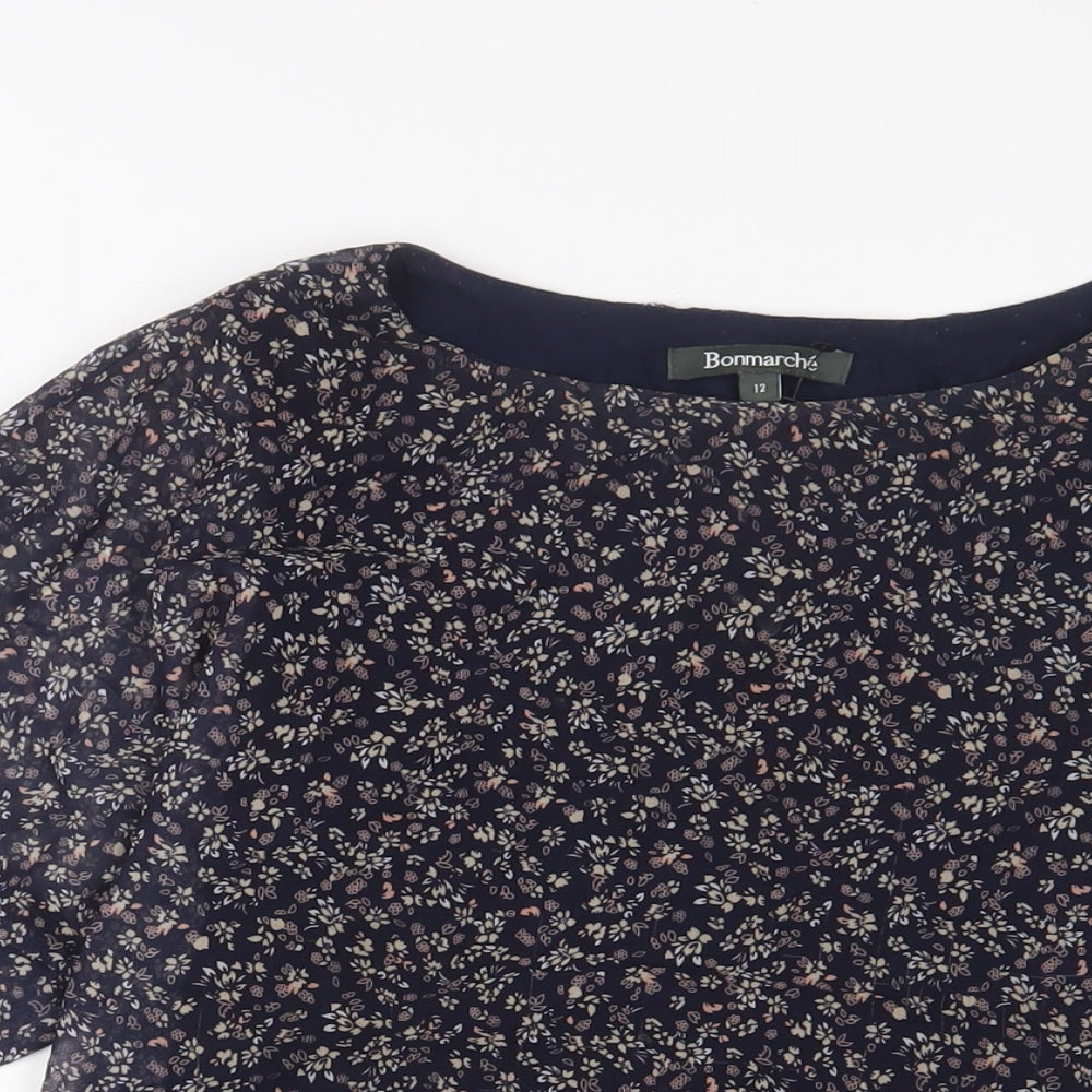 Bonmarché Womens Blue Floral Polyester Basic T-Shirt Size 12 Crew Neck