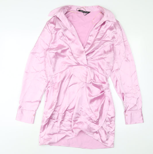 Zara Womens Pink Polyester A-Line Size L Collared Zip