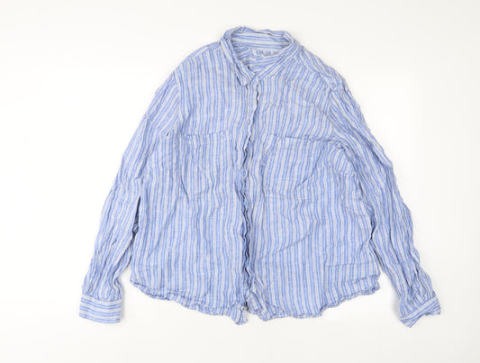 Marks and Spencer Womens Blue Striped Linen Basic Button-Up Size 24 Collared