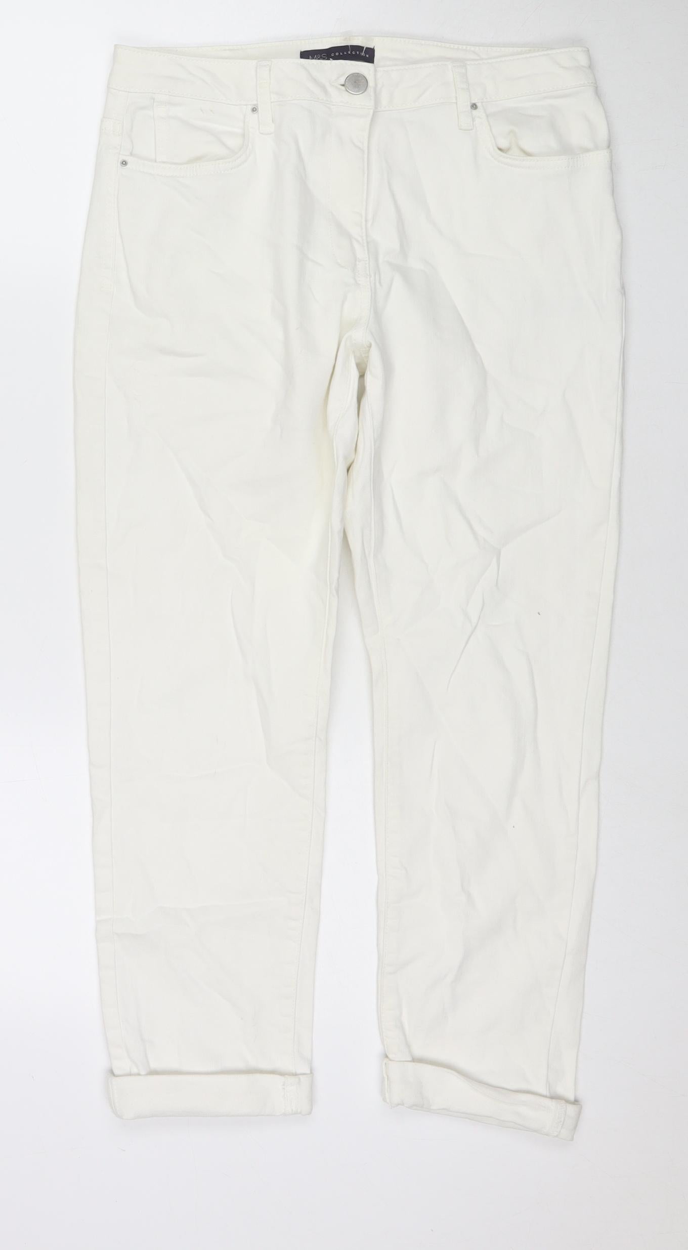 Marks and Spencer Womens White Cotton Tapered Jeans Size 12 L24 in Regular Zip