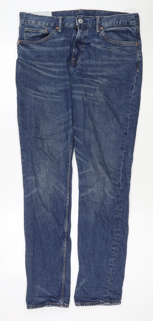 H&M Mens Blue Cotton Straight Jeans Size 32 in L32 in Regular Zip