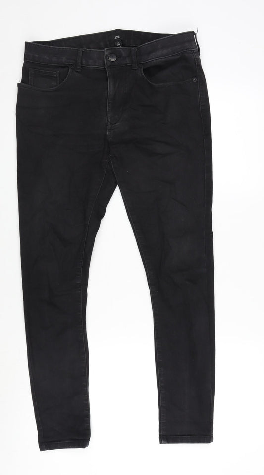 River Island Mens Black Cotton Blend Straight Jeans Size 32 in L30 in Regular Zip