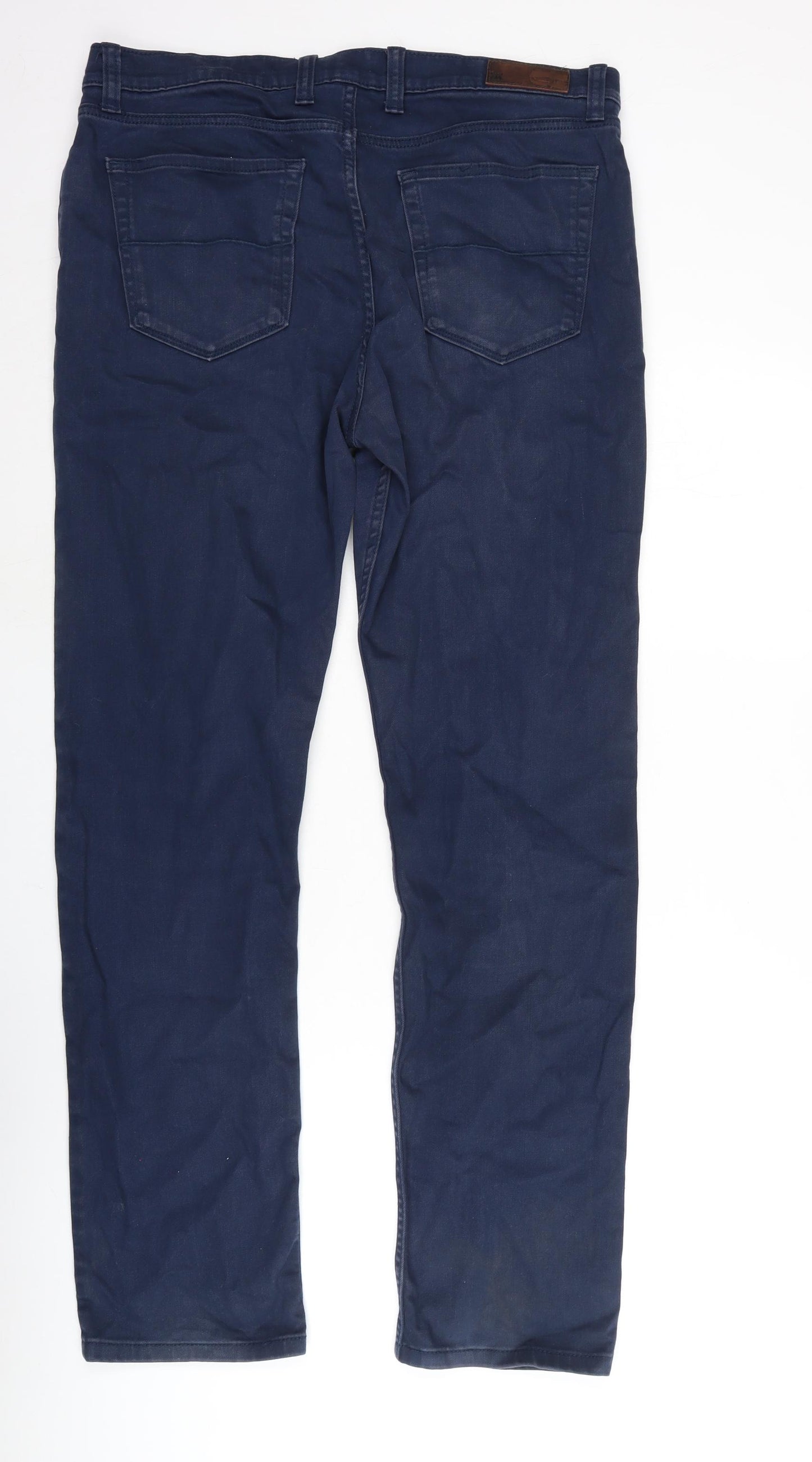 Marks and Spencer Mens Blue Cotton Blend Straight Jeans Size 36 in L33 in Regular Zip