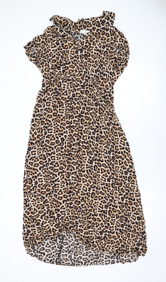 H&M Womens Brown Animal Print Viscose A-Line Size M Collared Button