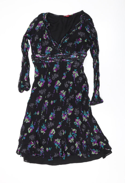 Monsoon Womens Black Floral Silk A-Line Size 14 V-Neck Zip