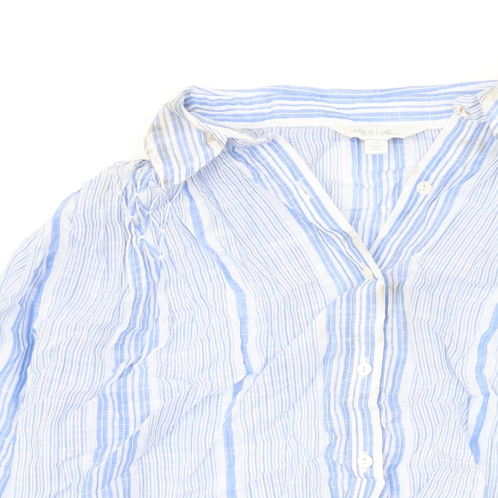 Marks and Spencer Womens Blue Striped Cotton Basic Button-Up Size 12 Collared