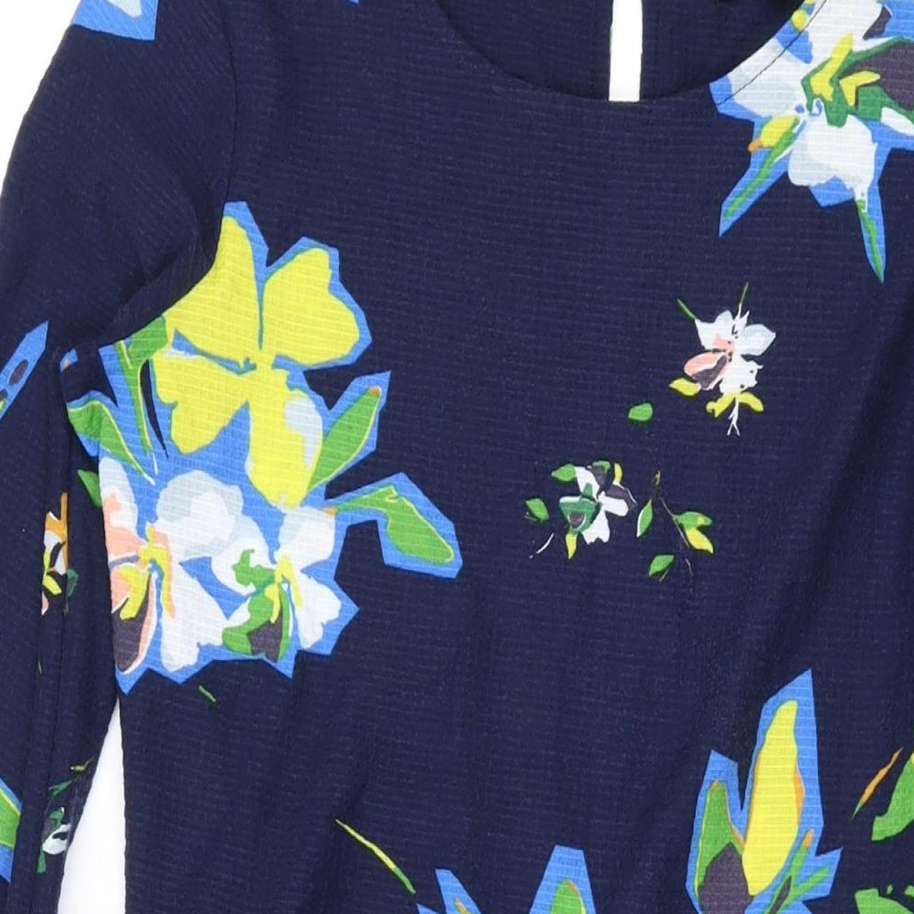 NEXT Womens Blue Floral Polyester A-Line Size 6 Mock Neck Button