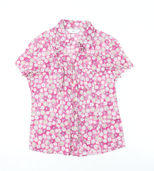 NEXT Womens Pink Floral Cotton Basic Button-Up Size 12 V-Neck