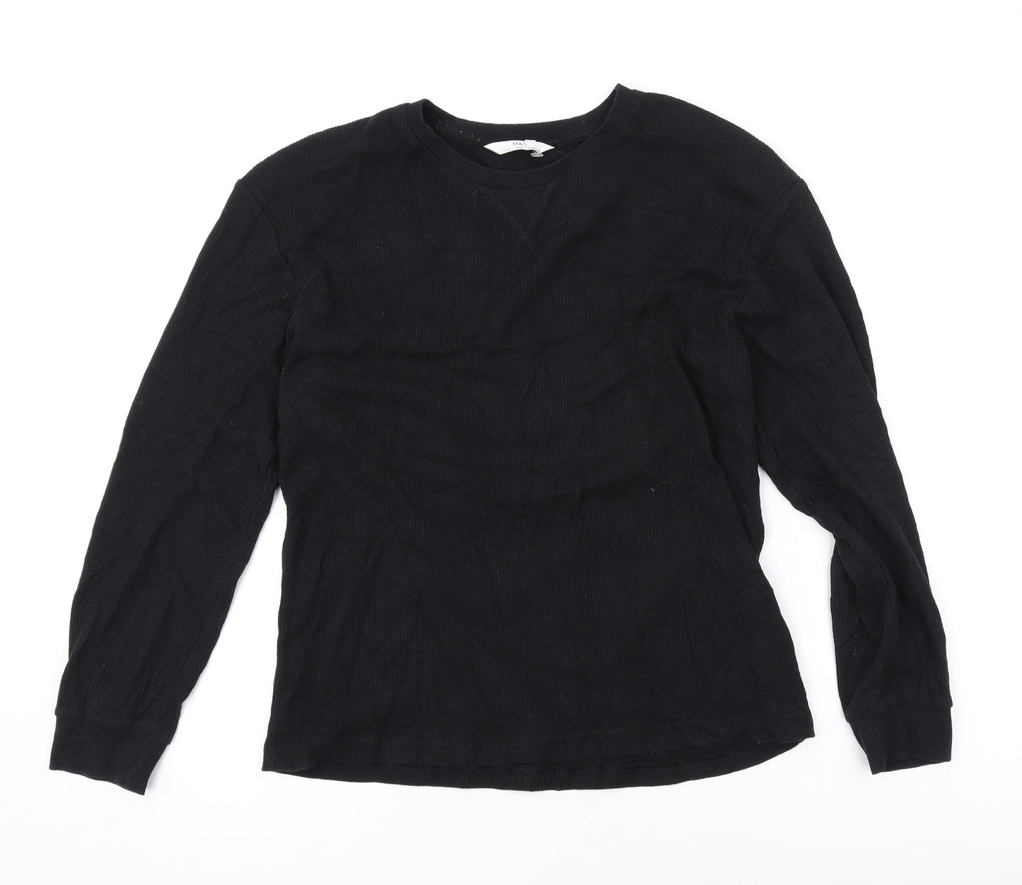 Marks and Spencer Girls Black Cotton Basic Blouse Size 11-12 Years Round Neck Pullover