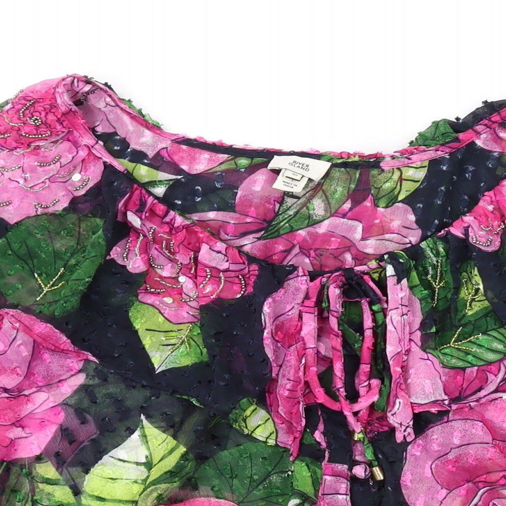 River Island Womens Black Floral Polyester Basic Blouse Size 10 V-Neck