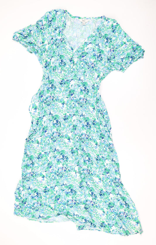 Marks and Spencer Womens Green Floral Viscose Maxi Size 14 V-Neck Button