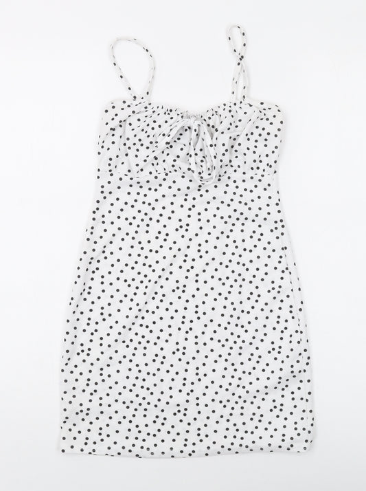 PRETTYLITTLETHING Womens White Polka Dot Polyester Mini Size 8 Square Neck Pullover