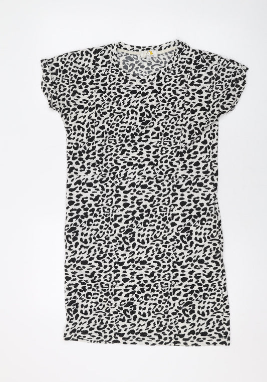 Juno Jacks Womens White Animal Print Cotton T-Shirt Dress Size 8 Round Neck Zip