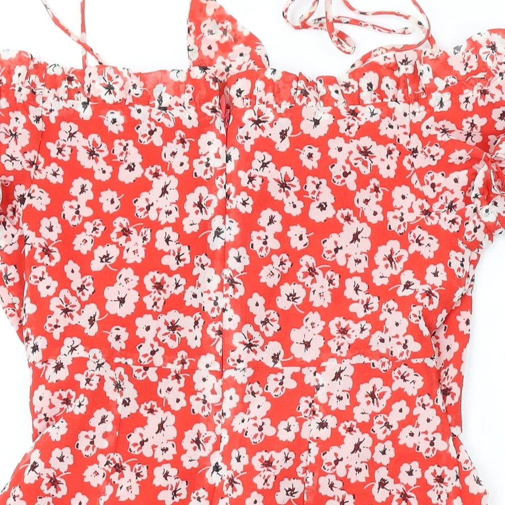 Topshop Womens Red Floral Polyester A-Line Size 6 V-Neck Zip