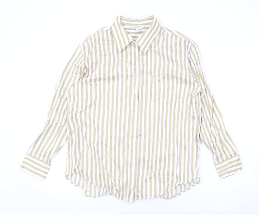 Autograph Womens Beige Striped Cotton Basic Button-Up Size 10 Collared