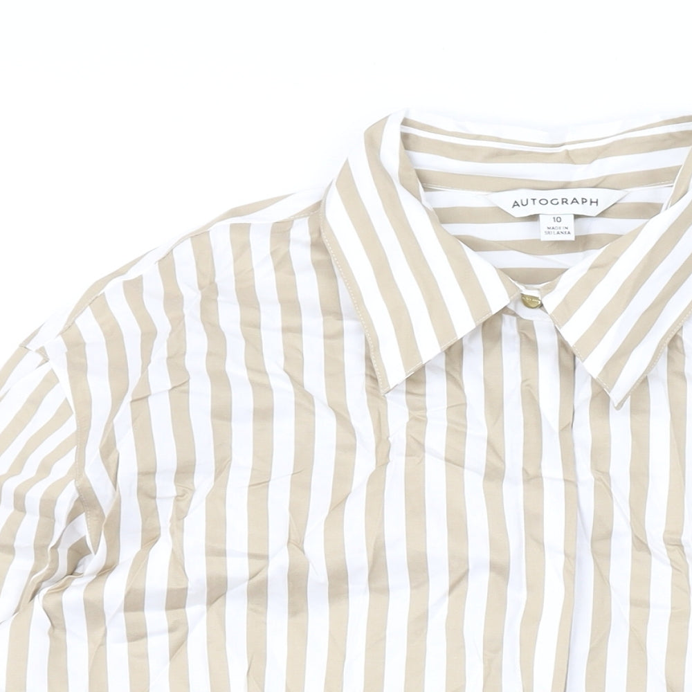 Autograph Womens Beige Striped Cotton Basic Button-Up Size 10 Collared