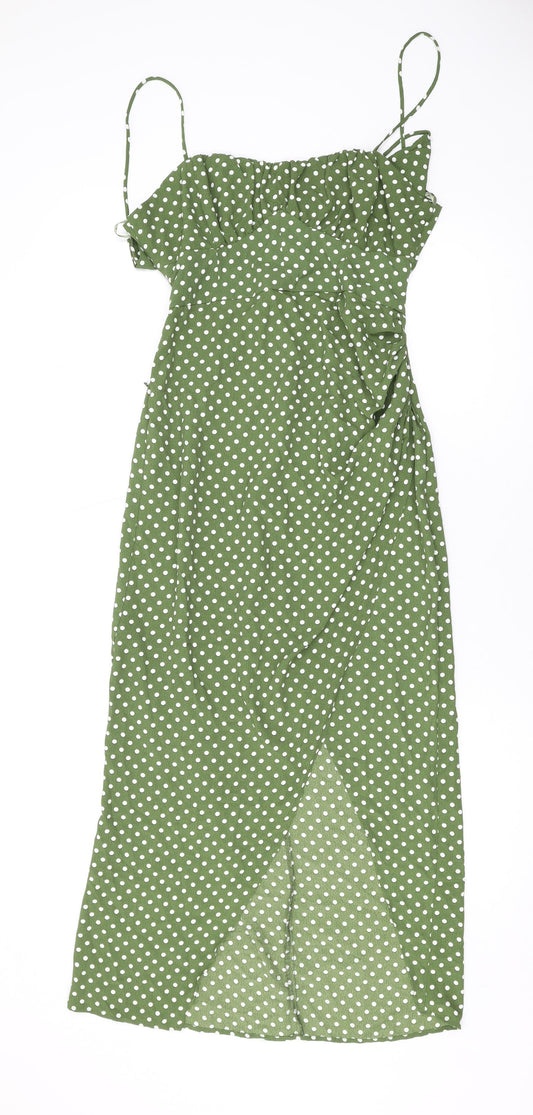 Zara Womens Green Polka Dot Polyester Maxi Size S Square Neck Zip