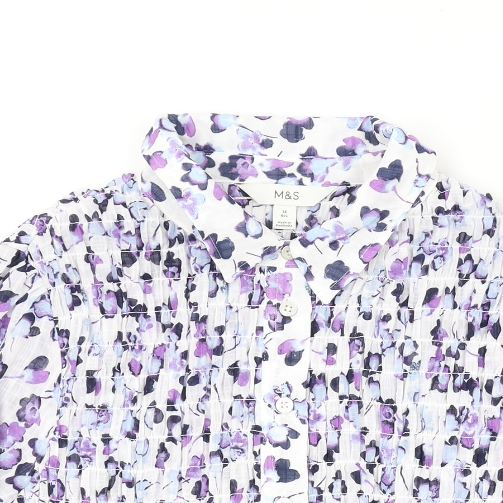 Marks and Spencer Womens Purple Floral Polyester Basic Button-Up Size 14 Collared