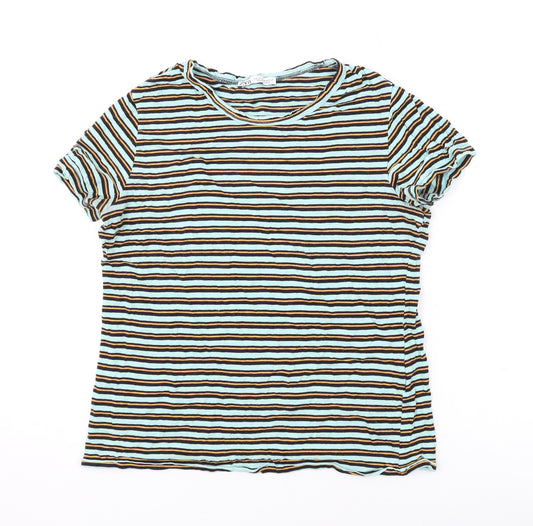 Zara Womens Blue Striped Cotton Basic T-Shirt Size M Round Neck