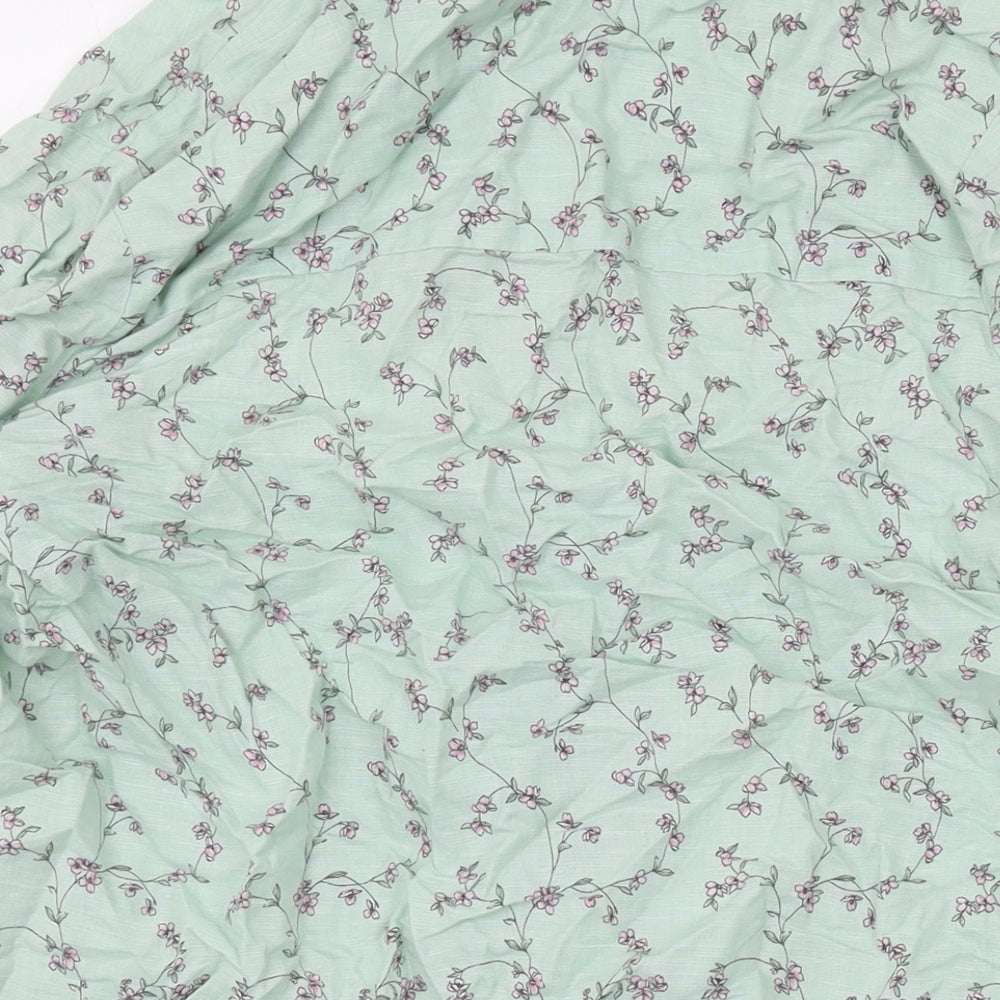 Marks and Spencer Womens Green Floral Linen Basic Button-Up Size 14 Collared