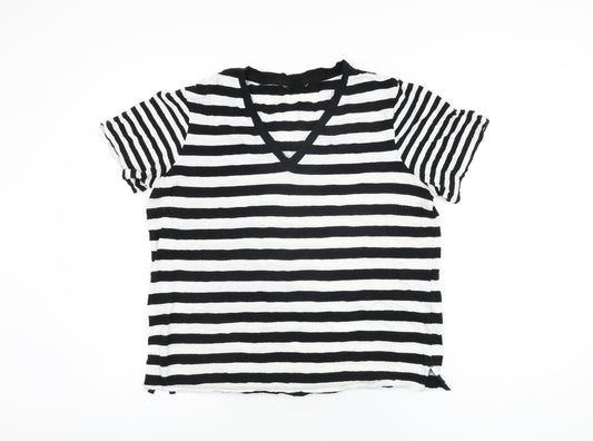 Marks and Spencer Womens White Striped Cotton Basic T-Shirt Size 14 V-Neck