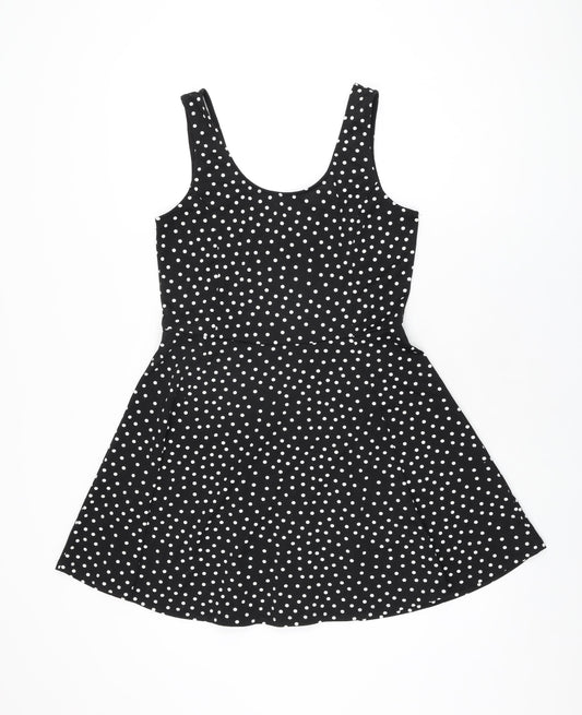 H&M Womens Black Polka Dot Polyester Skater Dress Size 14 Scoop Neck Pullover