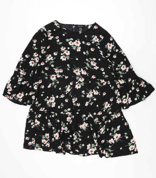 New Look Womens Black Floral Polyester Shift Size 12 Round Neck Button