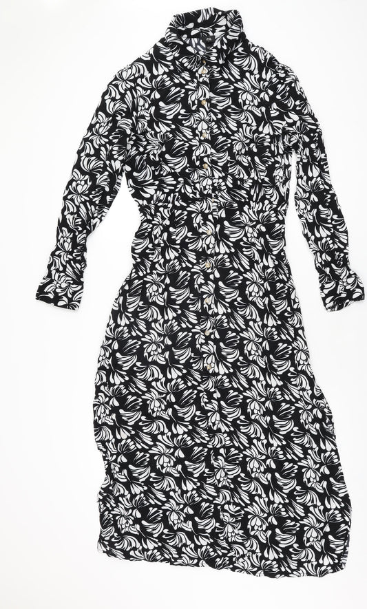 River Island Womens Black Floral Viscose A-Line Size 12 Collared Button