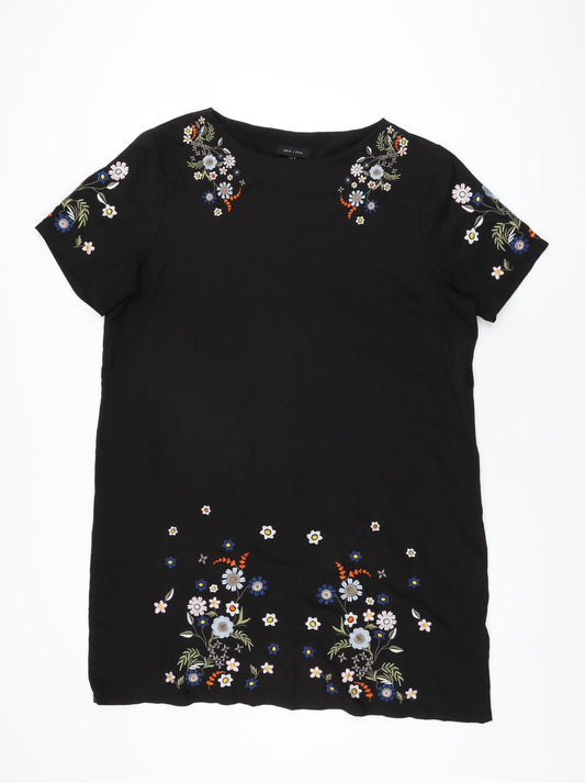 New Look Womens Black Floral Polyester Shift Size 16 Round Neck Pullover