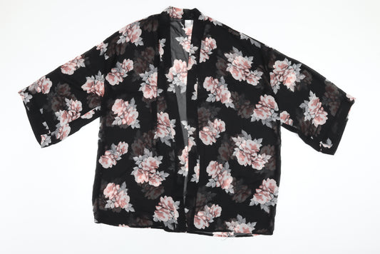 H&M Womens Black Floral Polyester Kimono T-Shirt Size L V-Neck