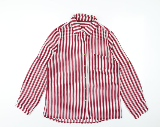 New Look Womens Red Striped Polyester Basic Button-Up Size 12 Collared