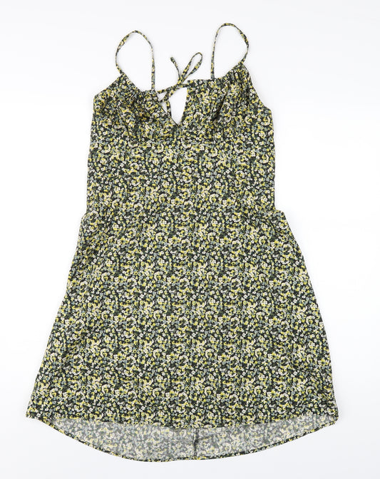 H&M Womens Yellow Floral Polyester A-Line Size M Round Neck Zip