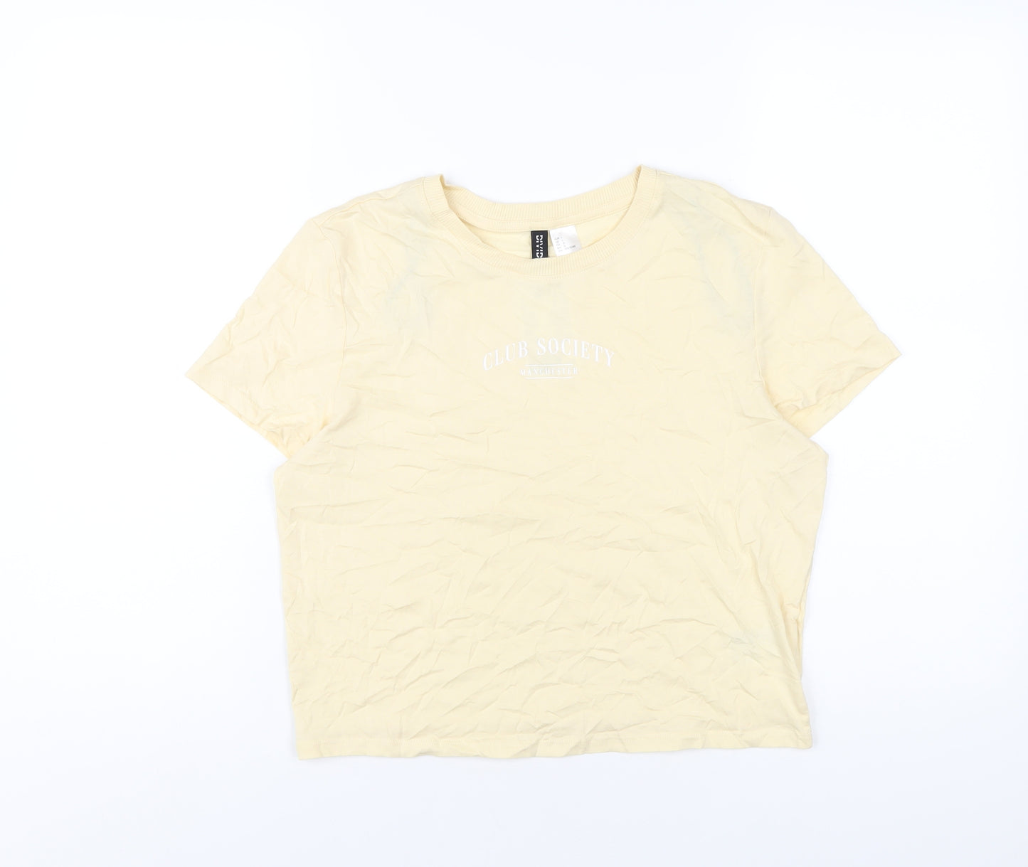 H&M Womens Yellow Cotton Cropped T-Shirt Size L Round Neck