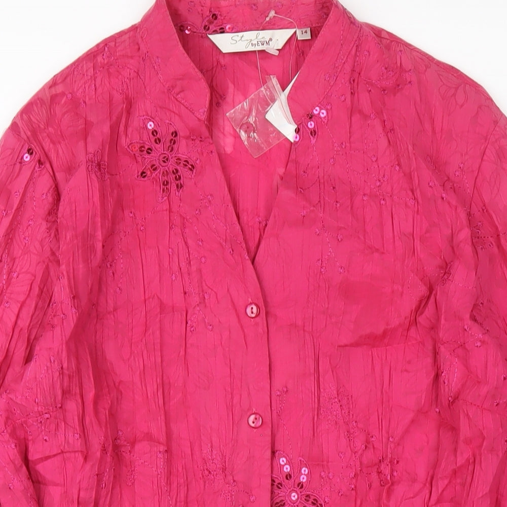 EWM Womens Pink Polyester Basic Button-Up Size 14 V-Neck