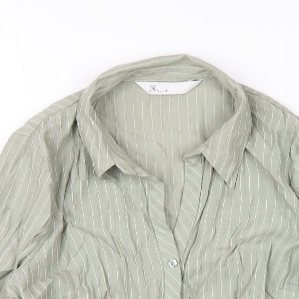 BHS Womens Green Striped Polyester Basic Button-Up Size 14 Collared