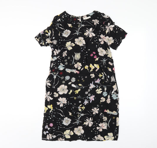 H&M Womens Black Floral Viscose T-Shirt Dress Size 6 Round Neck Button