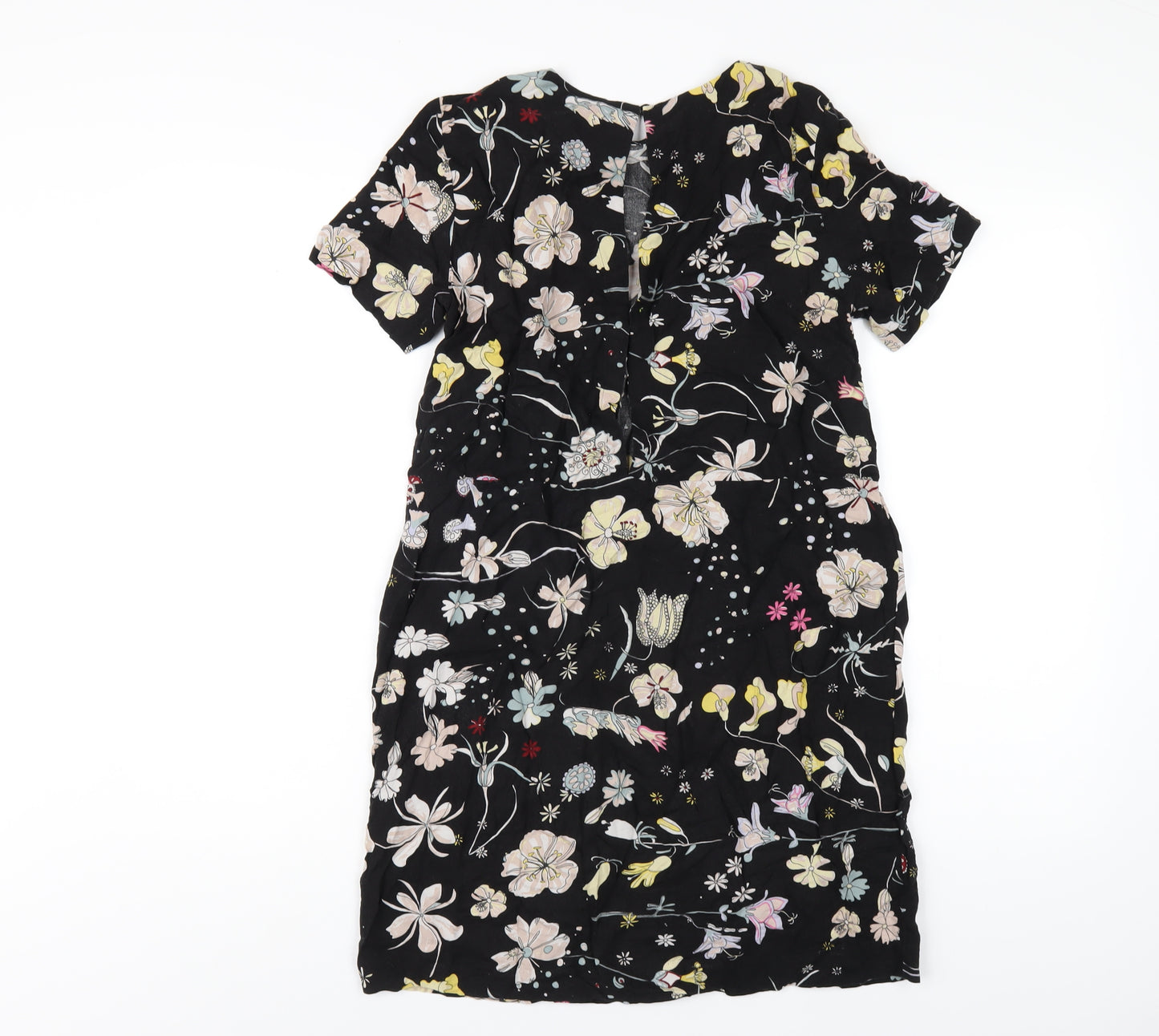 H&M Womens Black Floral Viscose T-Shirt Dress Size 6 Round Neck Button