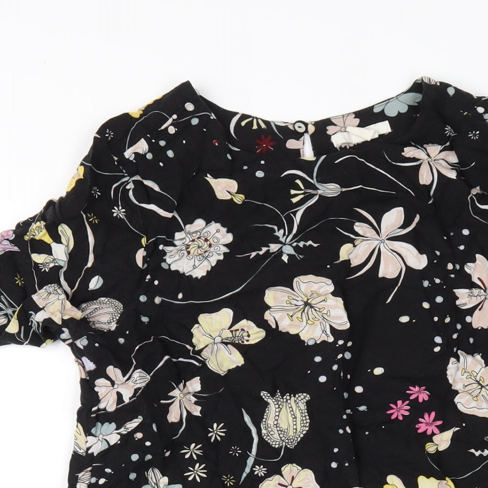 H&M Womens Black Floral Viscose T-Shirt Dress Size 6 Round Neck Button