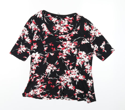 M&Co Womens Black Floral Viscose Basic T-Shirt Size 14 Scoop Neck