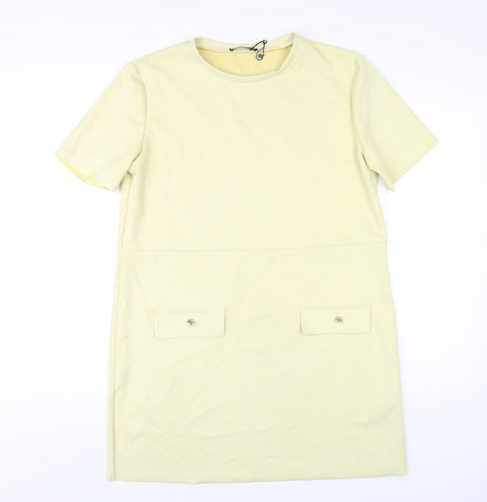 Zara Womens Yellow Polyester T-Shirt Dress Size L Round Neck Pullover