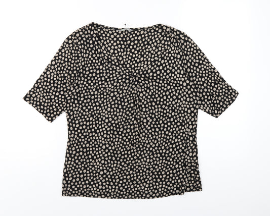 Marks and Spencer Womens Black Polka Dot Viscose Basic T-Shirt Size 14 V-Neck