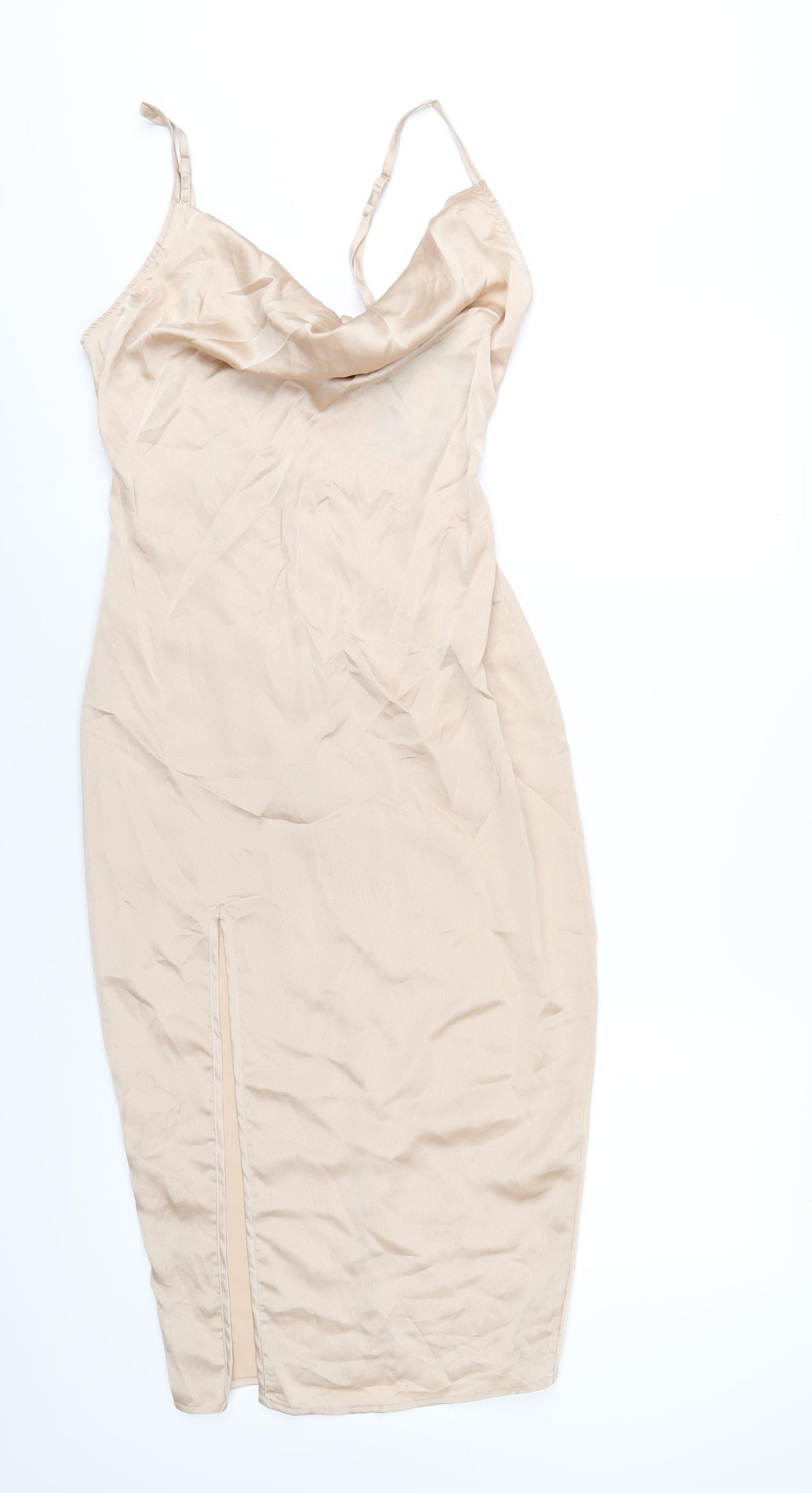 PRETTYLITTLETHING Womens Beige Polyester Bodycon Size 8 Cowl Neck Zip