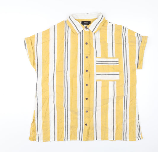 Klass Womens Yellow Striped Polyester Basic Button-Up Size 14 Collared