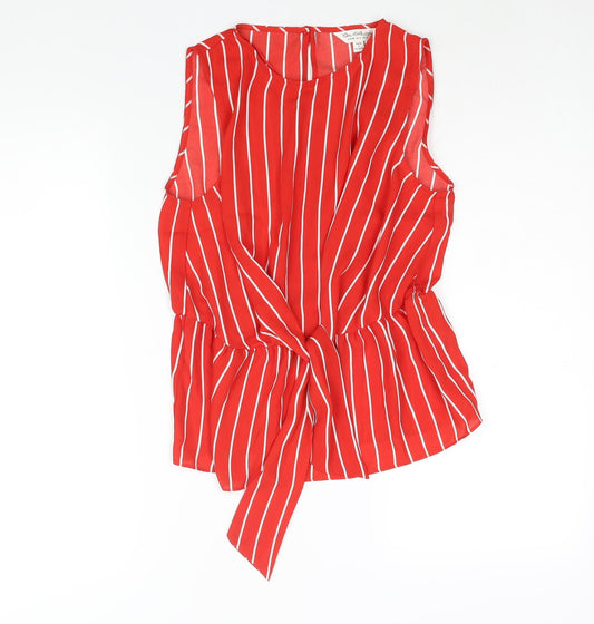 Miss Selfridge Womens Red Striped Polyester Camisole Blouse Size 10 Round Neck - Tie Detail Peplum