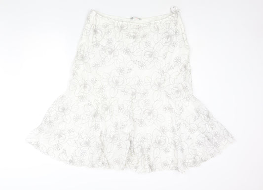 Per Una Womens White Floral Cotton Trumpet Skirt Size 18 Zip - Embroidered