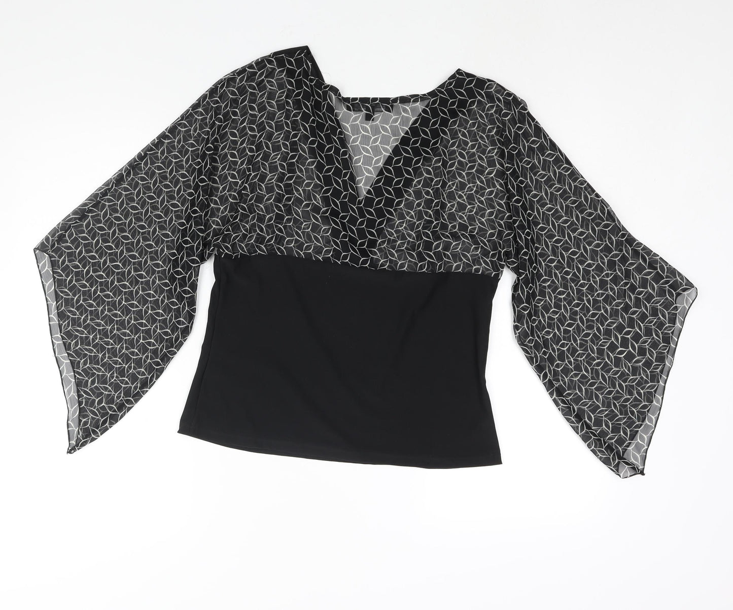 Femme Womens Black Polyester Basic Blouse Size 14 V-Neck - Semi Sheer Geometric Print