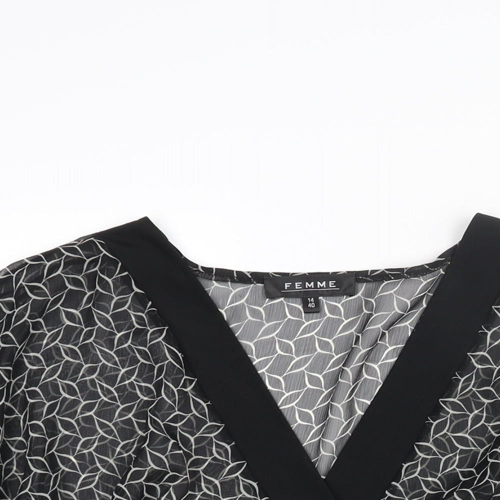 Femme Womens Black Polyester Basic Blouse Size 14 V-Neck - Semi Sheer Geometric Print