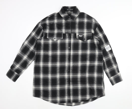 PRETTYLITTLETHING Womens Black Check Polyester Basic Button-Up Size 8 Collared - PLT Logo