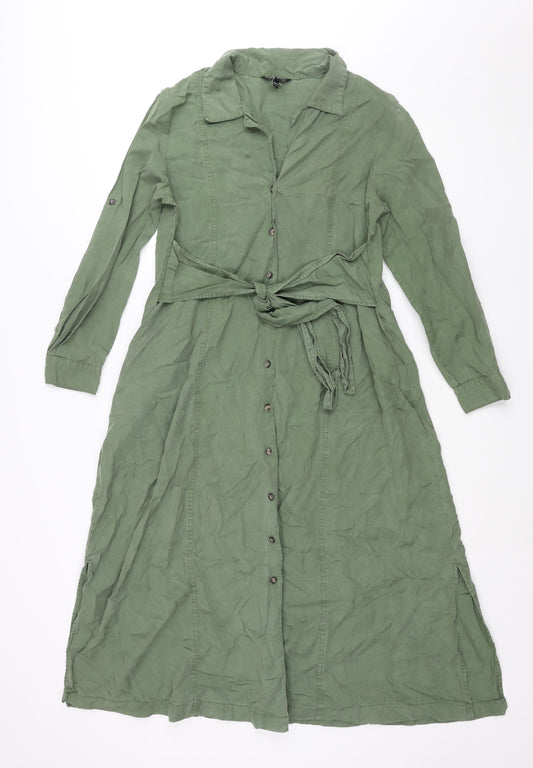 Isabella Oliver Womens Green Lyocell Shirt Dress Size 10 Collared Button - Tie Detail