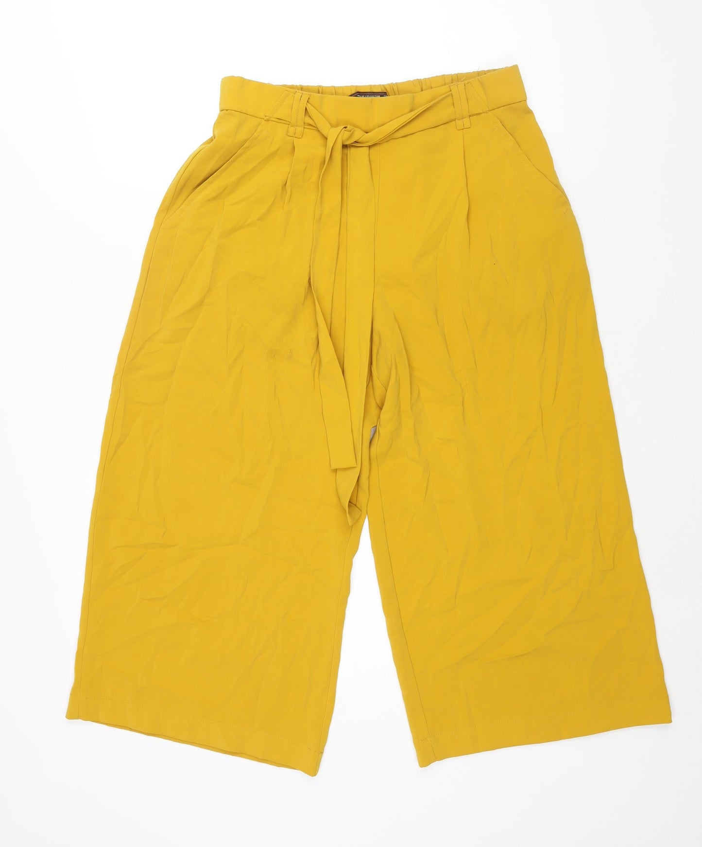 Zara Womens Yellow Polyester Cropped Trousers Size L L22 in Regular - Elasticated Waist Tie